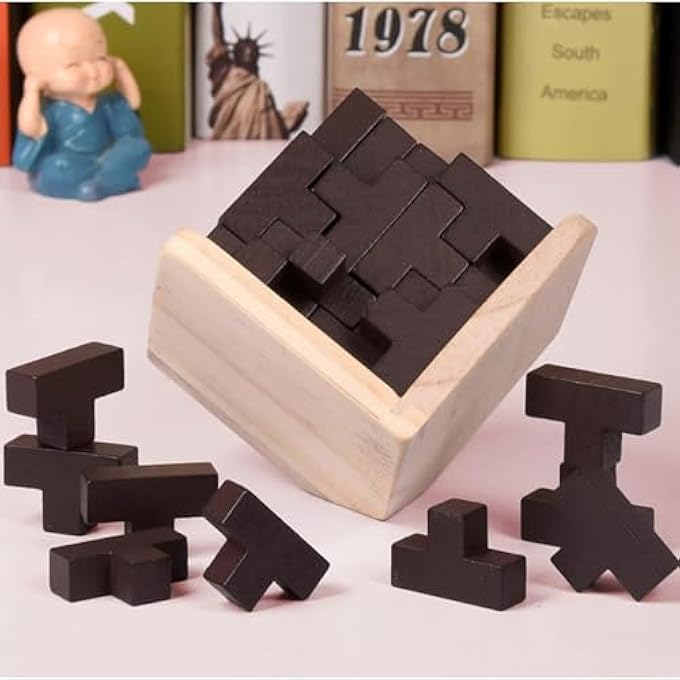 3D WOODEN BRAIN TEASER PUZZLE, 3D PUZZLE GENIUS SKILLS BUILDER T-SHAPE PIECES, PUZZLE GAMES CREATIVE EDUCATIONAL TOY FOR KIDS AND ADULTS, EXPLORE CREATIVITY AND PROBLEM SOLVING - Image 1